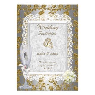Wedding Gold  White Antique Lace Floral Rings Invitations