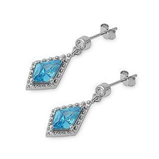 Sterling Silver Clear & Blue Topaz Cz Dangle Earrings Jewelry