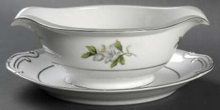 Japan China White Rose (Platinum) Gravy Boat with Attached Underplate, Fine Chin
