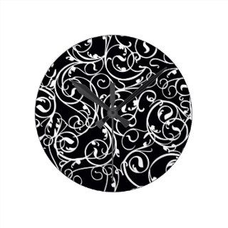 Elegant Black and White Vintage  Damask Pattern Wallclocks