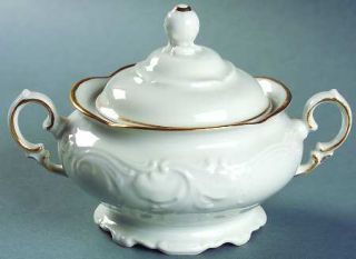 Wawel Casa Oro Sugar Bowl & Lid, Fine China Dinnerware   White, Embossed Scrolls