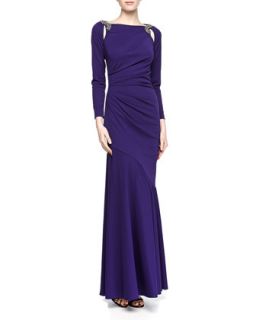 Ruched Asymmetric Beaded Shoulder Gown, Violet