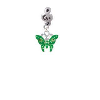 Lime Green Butterfly with 2 Peridot Crystals Silver Music Clef Charm Bead Dangle Jewelry