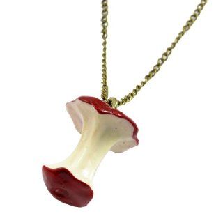 Women Plastic Red Apple Core Pendant Bronze Tone Chain Necklace Pendant Enhancers Jewelry