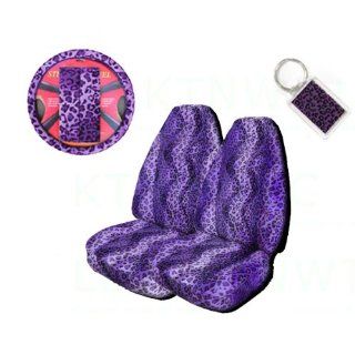 A Set of 2 Universal Fit Animal Print High Back Bucket Seat Covers, Wheel Cover, 2 Shoulder Pads, and 1 Key Fob   Leopard Purple Automotive