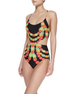 Womens Lace up One Piece Swimsuit, Multicolor Garlands/Black   Mara Hoffman