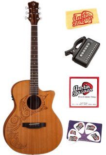 Luna Oracle Series Tattoo Grand Concert Acoustic Electric Guitar Bundle with Tuner, Strings, Pick Card, and Polishing Cloth Musical Instruments