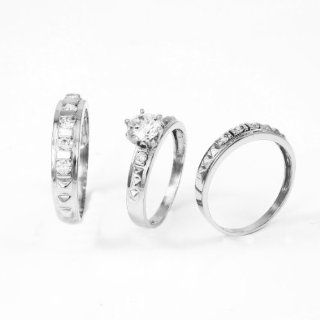 14k Gold His And Hers Engagement Wedding Trio CZ Rings Set   Style 5   White Gold Jewelry