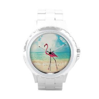 Pink Flamingo And Sandy Beach Colorful Photo Wrist Watches