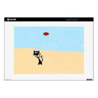 Cat On The Beach Jumping For Frisbee Toy Laptop Skins