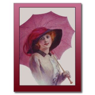 Vintage Fashion Model with Pink Umbrella Post Card