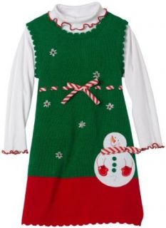 Rare Editions Girls 2 6x Snowman Sweater Dress, Green/Red, 2T Clothing