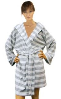 Rugby Stripes Knit Terry Women's Hooded Lightweight Bathrobe, Charcoal/Gray, XL