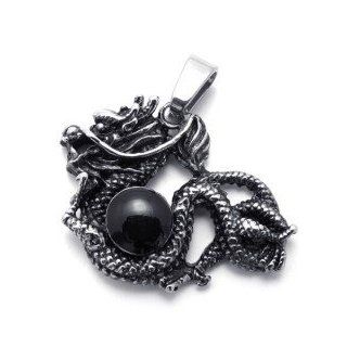 Stainless Steel Dragon Pendant with Black Gem Jewelry