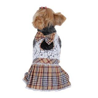 White Lace Top with Bow Tie Dress and Brown Plaid Pleated Scottish Skirt [FOR SMALL DOGS], Small 
