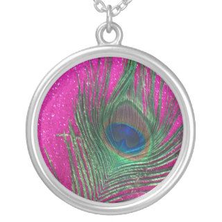 Glittery Pink Peacock Feather Necklaces
