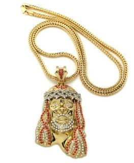 New Iced Out NYC Gold/Red Jesus Face Pendant w/4mm 36" Franco Chain Necklace MP449GRD Jewelry
