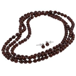 DaVonna Silver Chocolate FW Pearl 64 inch Necklace and Earring Set (7 8 mm) DaVonna Pearl Necklaces