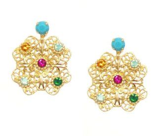 Mariana Yellow Gold Plated "Happy Days" Collection Filigree Medallion Flower Drop Earrings with Turquoise, Topaz, Emerald, Fuchsia and Pacific Opal Swarovski Crystals Dangle Earrings Jewelry