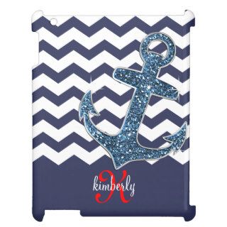 Navy Glitter Look Anchor Chevron Personalized iPad Cases