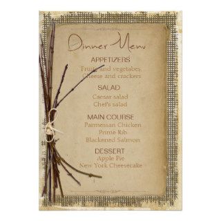 Burlap, Twigs and Twine Reception Menu Personalized Invitations