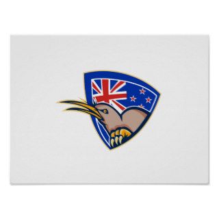 Kiwi Bird New Zealand Flag Shield Retro Print