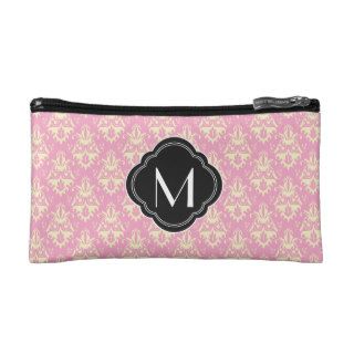 Pink Damask Pattern with Monogram Makeup Bags