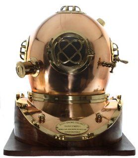Full Size Replica US Navy Mark V Brass Diving Helmet Wood Base   Collectible Figurines