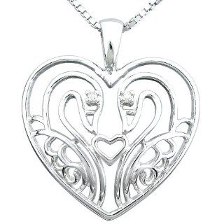 Precious Moments Sterling Silver Diamond Accent Heart with Swans Pendant Necklace (0.01 cttw, I J Color, I2 I3 Clarity), 18" Jewelry