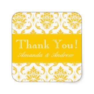 Yellow Damask Personalized Wedding Thank You Square Stickers