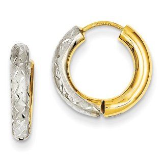 14k & Rhodium Diamond Cut 3mm Satin & Polished Hinged Hoop Earrings Jewelry