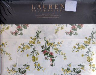 Ralph Lauren 4 Piece Queen Sheet Set Pink Yellow Floral Bouquets on Tan Cream Background   Pillowcase And Sheet Sets
