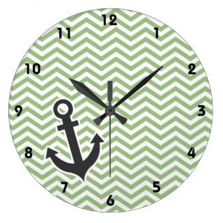 Anchor; Laurel Green Chevron Stripes Wall Clocks