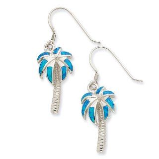 Sterling Silver Created Blue Opal Inlay Palm Tree Dangle Earrings Jewelry