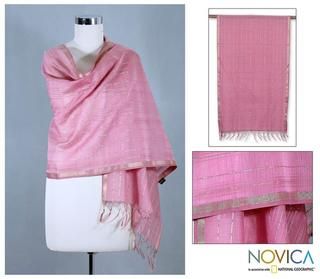 Handcrafted Cotton and Silk 'Maheshwari Rose' Shawl (India) Novica Scarves & Wraps