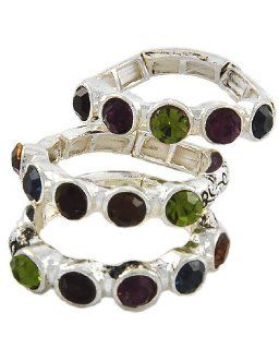 3 Piece Stackable Stretch Ring with Multi Color Rhinestone in Antique Silver Tone Jewelry