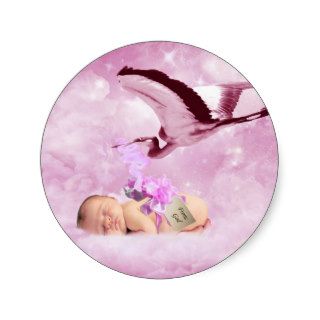 Baby girl pink clouds and stork round stickers
