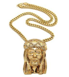 New Iced Out Gold Rhinestone Jesus Face Caged Back Pendant w/6mm 30" Miami Cuban Link Chain Necklace XP457G30CC Jewelry