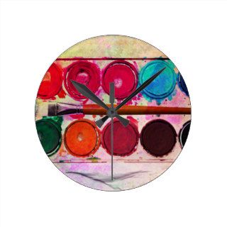 Fine Art Paint Color Box & Funny Artist Brush Round Wall Clocks