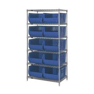 36 X 24 X 74 Chrome Wire Shelving With 10 24"D Bins Blue   Open Home Storage Bins