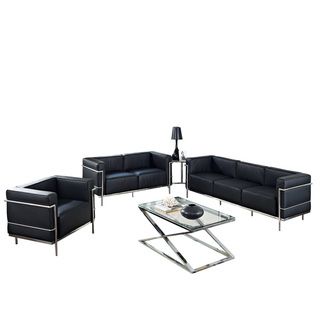 Le Corbusier Style LC3 Black Leather Loveseat, Armchair and Sofa with Grey Side Table Living Room Set Modway Living Room Sets