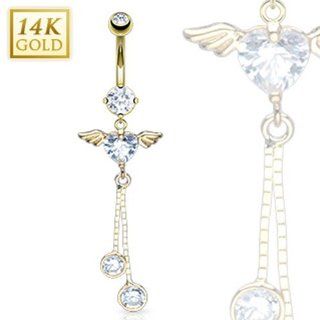 14 Karat Solid Yellow Gold Navel Belly Button Ring with Angel Wing Heart CZ Dangle   14GA 3/8" Long West Coast Jewelry Jewelry