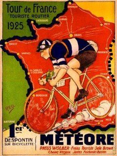 Bicycle Bike Race Tour de France 1925 Meteore French Map Travel Tourism 30" X 40" Image Size Vintage Poster Repro. Several more sizes available   Prints