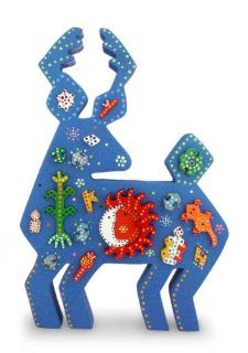 Wood display jigsaw puzzle, 'Huichol Blue Deer'   Unique Wood Blue Deer Sculpture Mexican Folk Art   Statues