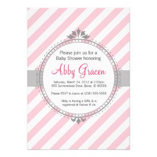 Girl Baby Shower Invitation, Pink, Gray Stripe 774