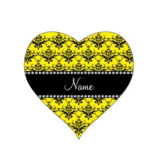Personalized name Yellow black damask Heart Stickers