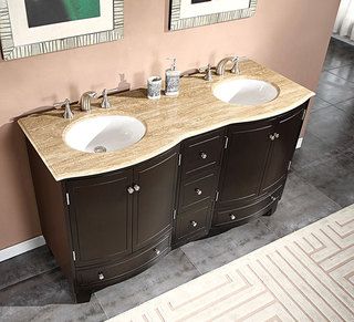 Silkroad Exclusive 60 inch Travertine Stone Top Bathroom Vanity Double Sink Cabinet Silkroad Exclusive Bathroom Vanities