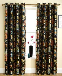 BLACK FLORAL READY MADE CURTAIN IN VINTAGE FLORAL DESIGN (RIO) EYELET HEADING 46" X 54"   Window Treatment Curtains