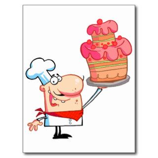 funny cartoon chef holding cake postcards