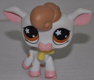 Cow #476 (White, Brown Hair, Brown Flowers on Body, Orange Eyes) Littlest Pet Shop (Retired) Collector Toy   LPS Collectible Replacement Single Figure   Loose (OOP Out of Package & Print) 